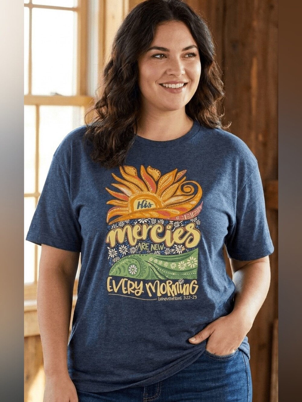 Love In Faith 3XL Women's "His Mercies Are New Every Morning" Blue T-Shirt